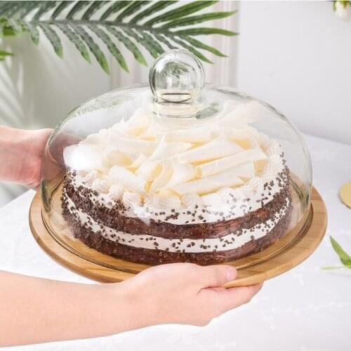 Round Wood Tray Transparent And Dustproof Glass Cover Food Cover Cake Dessert Plate Nordic Creative Home Storage Pallet