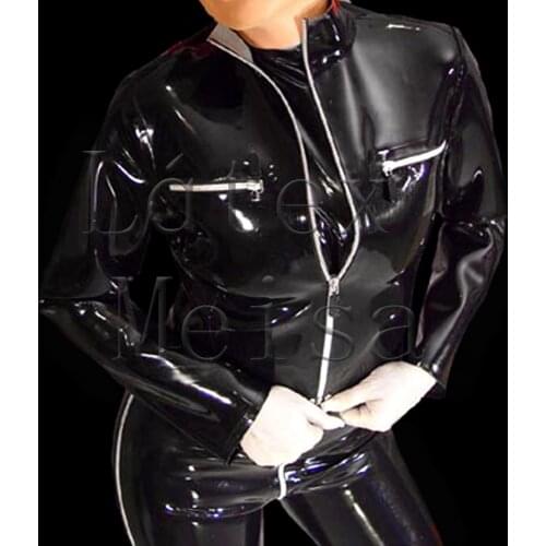 Cool 0.6mm thickness heavy short latex jacket with chest zip decoration for women in solid black color