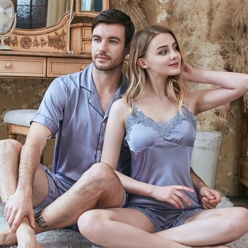 Summer Lovers Pajamas Set Sleepwear Satin Intimate Lingerie Male Turn-down Collar Nightwear Casual Kimono Bathrobe Gown
