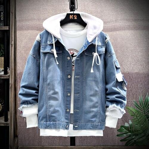 Men Autumn New Blue Denim Hooded Jacket Slim Button Personality Fashion Hole Jeans Coats ake two-piece Hoodies Oversized