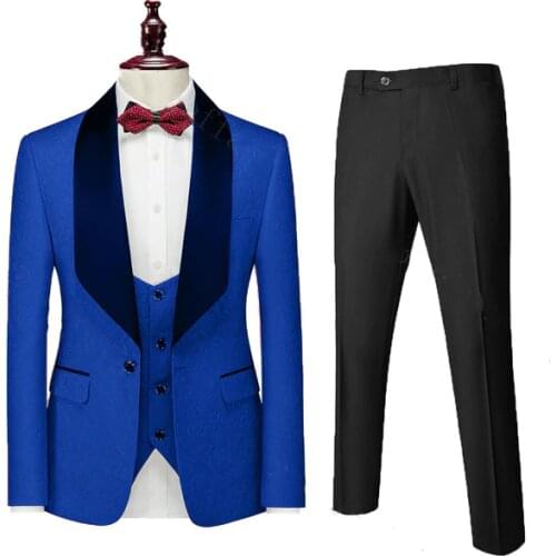 Custom Made Royal blue Men Suits With Black Lapel 2020 Mens Topic Wedding Dress Prom Suits Stage Show Wear Suits 3 Pieces Set