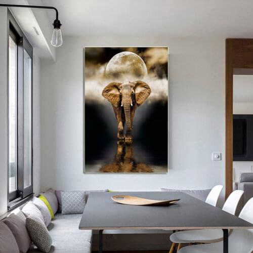 Nordic Style Wall Art Canvas Painting Golden And Grey Elephant And Moon Picture Animal Posters And Prints Modern Home Decor