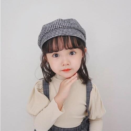 New Plaid Beret Hat for Kids Boys Brimless Artist Cap Baby Girls Autumn Flap Top French Hair Berat for 3-7 years old