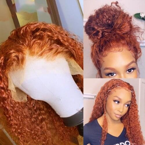 Ginger Wig Orange T Part lace front Human Hair Wigs 180% Remy Curly Deep Water Wave Wig Glueless PrePlucked With Baby Hair