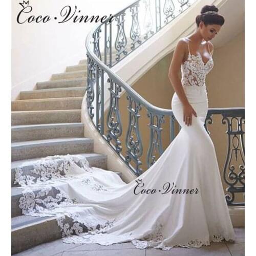 Spaghetti Staps Embroidery Mermaid Wedding Dresses Hollow back Pure White Sexy V-neck свадебные платья Chapel Train W0547