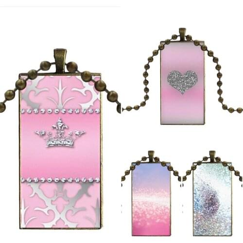 Silver Pink Glitter Glass Pendant Necklace Handmade Half Pendant Rectangle Necklace For Girls