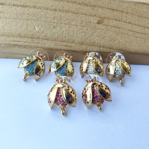 1 Pair Ladybug insects shape Stud Earrings Post with Loop Hanger CZ Micro Paved for DIY Women Jewelry Earring Findings ER1034