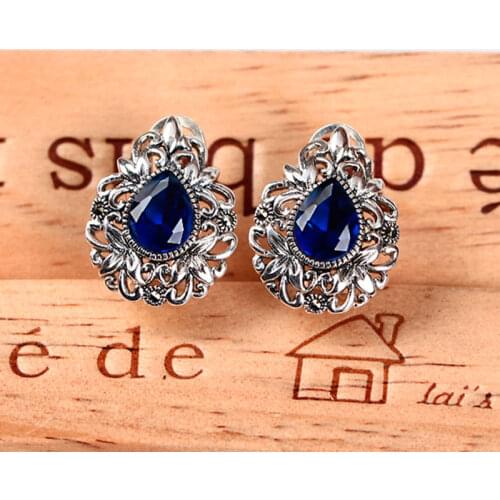 ZHJIASHUN Retro 100% 925 Sterling Silver Sapphire Clip Earrings For Women Natural Precious Stone Vintage Jewelry