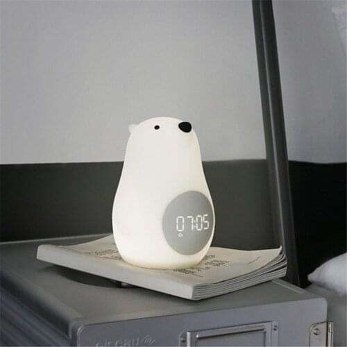 Silicone Cartoon Polar Bear Night Light With Clock Creative Led Bedside Lamp For Children Night Lamp Bedroom Kids Light Gift Toy