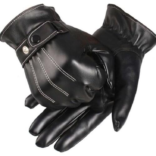Three-Line Plus Strip Warm Leather Gloves Plus Velvet Riding Touch Screen Winter Gloves Men Male Driving Full-Finger Gloves