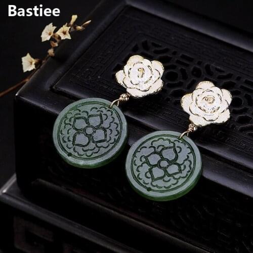 Bastiee Jasper Drop Earrings For Women Dangle Earings Silver 925 Jewelry Rose Flower Round Chinese Vintage Ethnic