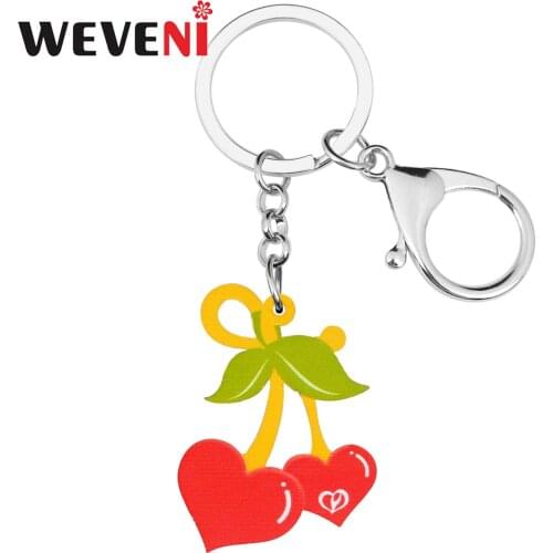 WEVENI Valentines Day Acrylic Sweet Red Love Heart Shape Cherry Keychains Fashion Key Chain Ring Gifts Jewelry For Women Girls