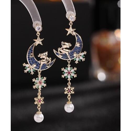 Japan And South Korea New Fashion Blue Gem Long Snow Earrings Pearl Xingyue Cute Sweet Deer Party Dating Ear Jewelry Women