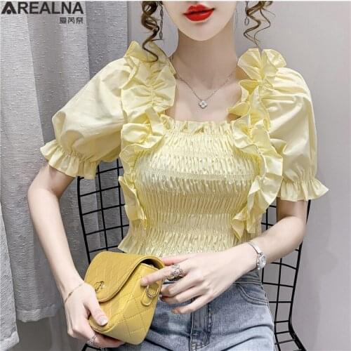Fashion Women Ruffles Folds Blouses 2021 Elegant white Elastic waist Square collar Sexy summer shirts puff Sleeve Ladies Tops