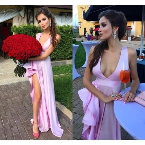 Sexy Fashion Pink V-neck Long Satin Evening Dress 2020 Ruffles High Split Prom Formal Gowns robe de soriee