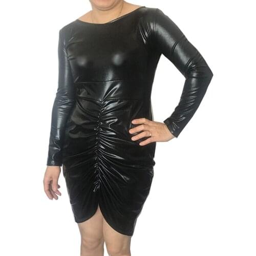 6XL Ruched Faux Leather Women Bodycon Mini Dress Zipper Back Big O-neck Long Sleeve Vestido Wrinkle Wrap Irregular Short Dress