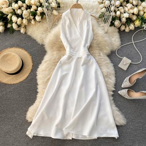 2021 Summer European American Retro Vestidos Womens Cross V-neck Sleeveless Waist Slimming Solid Color Midi Dresses