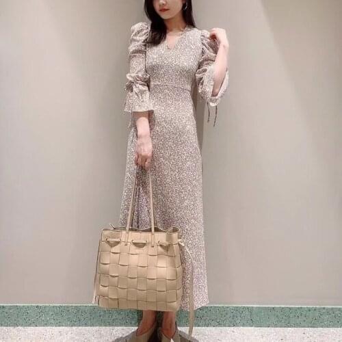 V Neck Ruffle Long Sleeve Chiffon Dress Women Slim A Line Long Vestidos Vintage Print Elegant Robe Korean Fashion Spring 2021