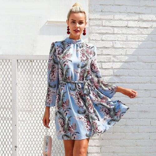 2021 summer new womens trumpet sleeve printed chiffon sexy backless dress for women