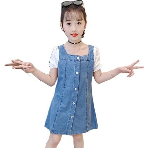 2021 Summer Children Dress Girl Casual Denim Patchwork Puff Sleeve Button Dresses Girls Teenage Fashion Lovely Clothes For 2-12t