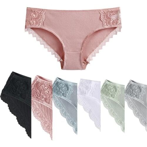 3Pcs Sexy Women Solid Color Mid Rise Lace Trim Ribbed Underwear Cotton Briefs