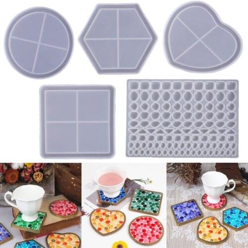 5PC/Set DIY Epoxy Resin Coaster Silicone Mold Heart Hexagon Round Square Irregular Mosaic Coaster Mold Decoration Crafts