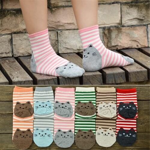 6Pair/Lot mixed colors Fashion woman autumn and winter socks Cute cat cotton socks Wholesale price Global Drop shipping