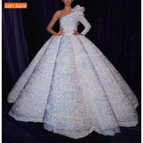 White One Shoulder Wedding Dress Long Sleeves Sequined Lace Up Sparkle Luxury Bride Dresses Dubai Customized 2020 Robe De Mariee