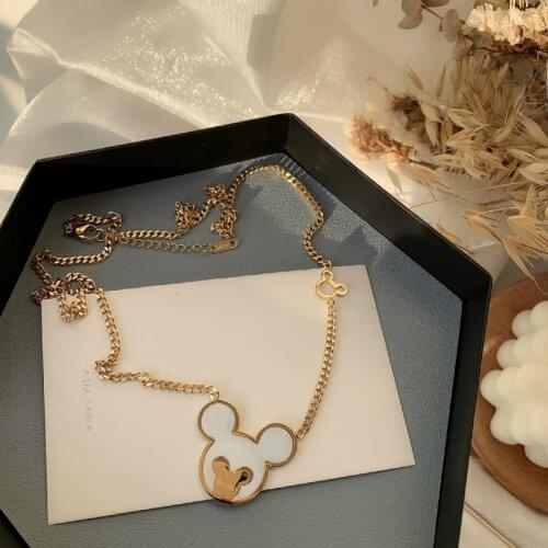 Disney Titanium Steel Mickey Shell Sweater Chain Rectangular Mickey Mouse Long Chain Cute Girl Heart Fading Necklace doll toy
