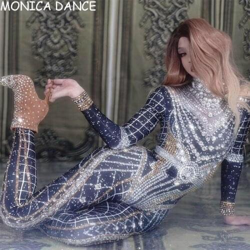 Women Birthday Celebrate Prom Party Outfit Costume Shiny Rhinestone Jumpsuit Silver Crystals High Strech Elastic Tight Jumpsuits