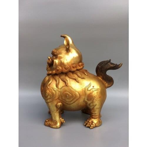 10"Chinese Folk Collection Old Bronze Gilt Unicorn statue Head removal incense burner Mythical beast Office Ornaments Town House