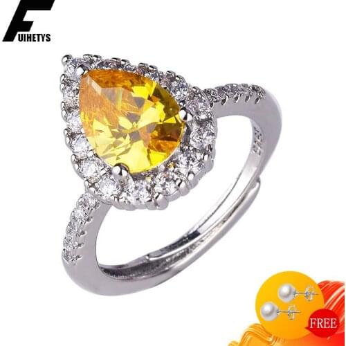 BaliJelry Trendy Women Ring 925 Silver Jewelry Water Drop Shape Citrine Zircon Gemstone Open Finger Rings for Wedding Engagement
