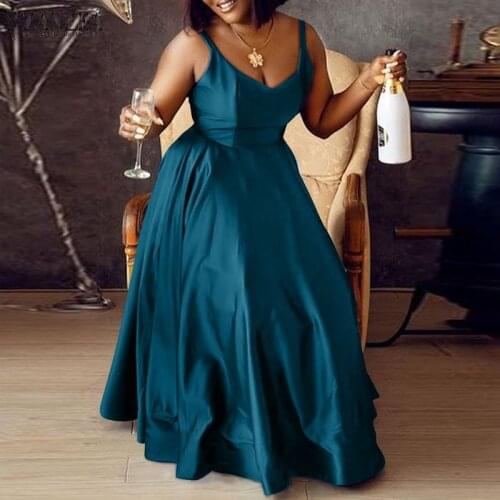 Summer Womens Satin Dress 2021 Strap Maxi Dresses ZANZEA Casual Fashion Sleeveless A-line Ladies V-neck Oversized Party Robe