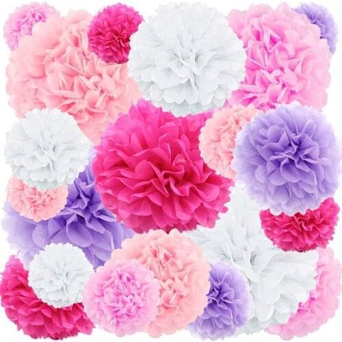 20 pcs Diy Tissue Paper PomPom Flowers Pink Rose Craft Kit Flower for Wedding Party Outdoor Decoration Mix Tissue Pompon Flower