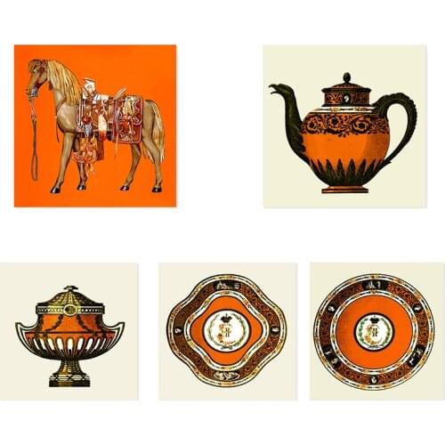 National Distinctive Orange Tea Set Canvas Paintings Abstract Animal Horse Posters Prints for Living Room Bedroom Decoration