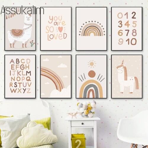 Nursery Wall Art Print ABC Alphabet Posters Alpaca Poster Rainbow Painting Number Prints Boho Wall Pictures Baby Kids Room Decor