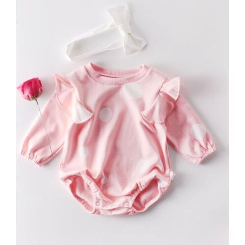 New Cotton Baby Girl Clothes 2 Piece Dot Print Flying Long Sleeve Baby Girl Bodysuit+bow Headband Fall Winter Baby Romper 0-18M