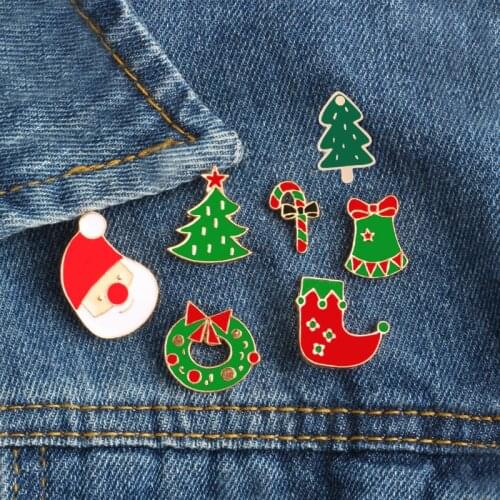 New Cute Christmas Brooch Hat Crutch Donuts Tree Sock Bell Santa Enamel Pin Badges Cartoon Green Red Women Men Girls Kids Brooch