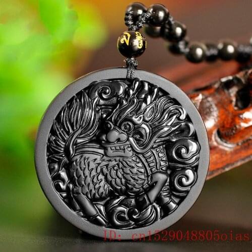 Natural Black Obsidian Bead Necklace Hand-Carved Kirin Jade Dragon Pendant Fashion Charm Jewellery Lucky Amulet Gifts for Men