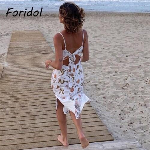 Foridol Leaf Flower Print White Summer Beach Long Dress Women Spaghetti Strap High Slit Backless Bowknot Maxi Dress Sundress