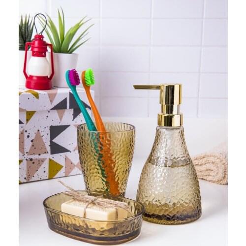 Doreline Gift Decorative Bathroom Beige Color Accessory Glass Bathroom Set 3 Piece Bathing Suits Liquid Soap Dispenser Brush Holder Solid Soap Dish