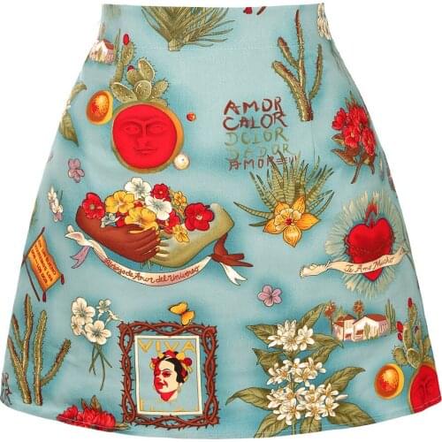 Retro Vintage Cotton Skirt Floral Print jupe femme Rockabilly Summber Mini Skirts Slim Ladies 40s 50s Green Women Skirt SS0008