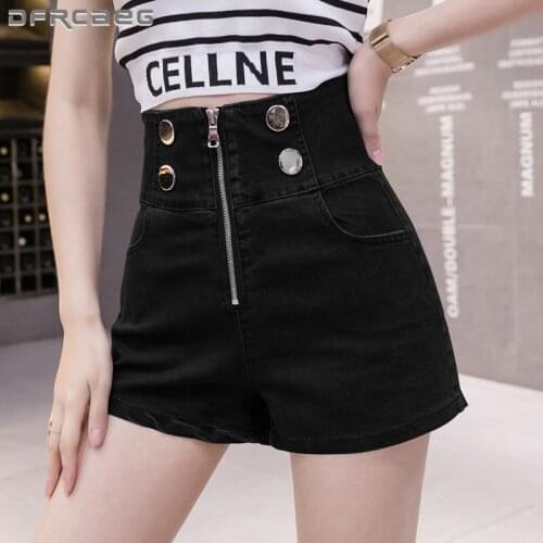 High Waist Streetwear Zipper Denim Shorts Women 2021Casual Slim Summer Wide Leg Jeans Short Female Black