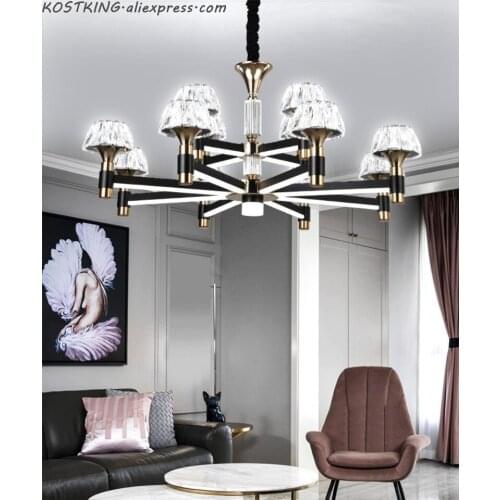 Modern Crystal Led Chandeliers Lighting Black Gold Metal Living Room Led Pendant Chandelier Lights Bedroom Hanging Lamp Fixtures