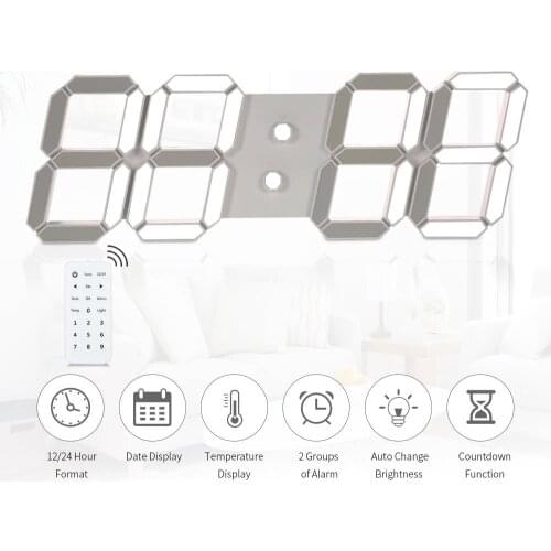 LED 3D Digital Wall Clock with Remote Control Large Modern Nightlight Alarm Wall Watch For Home Living Room Black Shell EU Plug