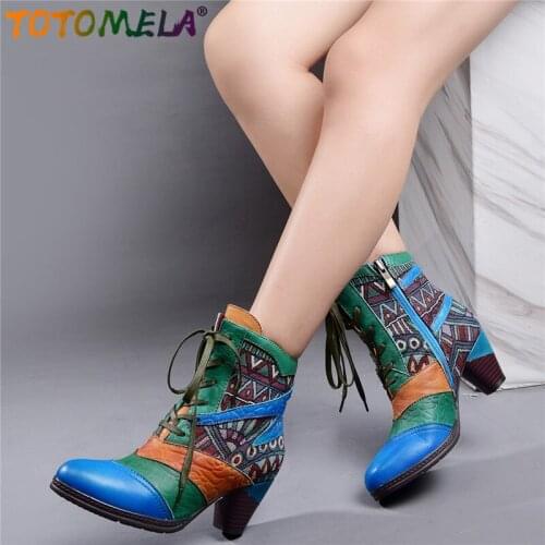 TOTOMELA Handmade Retro Genuine Leather Ankle Boots Women Shoes Vintage Bohemian Spring Autumn Zip Mixed Color Ladies Booties