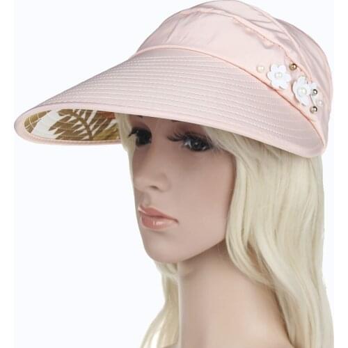 1pcs New Summer Women Sun Hats Adult Casual Canvas Beach Cap Girls Pearl with Flower Visor Hats UV Protection Female Cap 2018