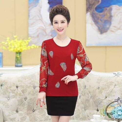 Spring Fall Pullover Middle Age Women T-Shirts Chiffon Long Sleeve Tops 2021 New Fashion Plus Size Middle Age Mother Tshirt
