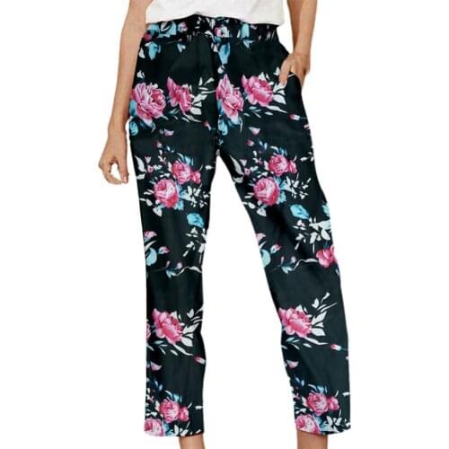 Floral Print Chinese Style Women Pants Bottoms Elastic Waist Straight Casual Long Trousers Streetwear Plus Size M-2XL