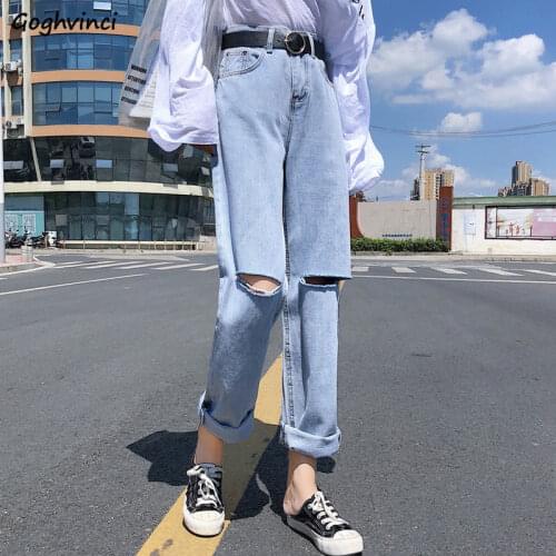 Jeans Women Ankle-length High-waist Holes Straight Loose 2XL Washed Korean-style Students Slim Leisure Stylish Spring Summer New
